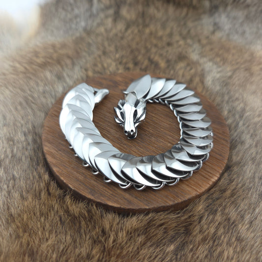 Stainless steel Dragon Scale Bracelet, with a stainless steel spine, stainless steel scales, and a solid stainless steel spring clasp shaped as a Dragon head.