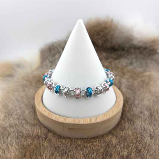 Anodized Aluminum Barrel Weave Bracelet - Transgender Pride on Silver Foxweave Studios